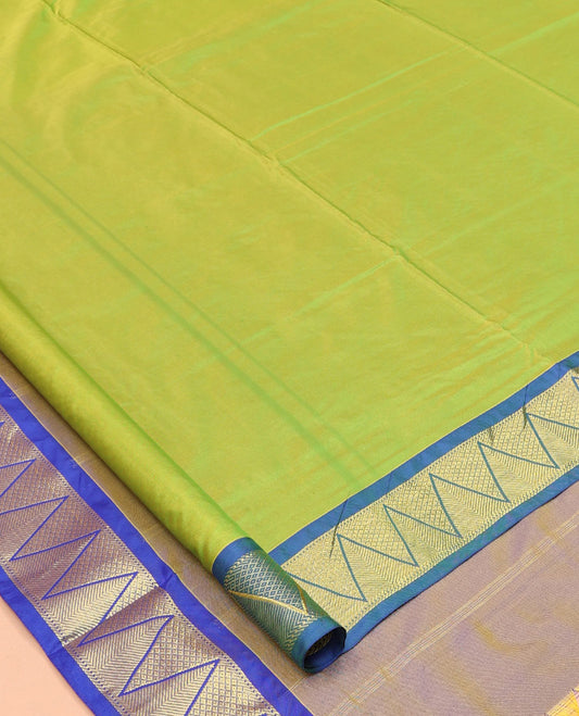 Green Plain Nine-Yard Saree, Complemented by a Contrast Temple Border, Contrast Pallu of Stripes, and No Blouse