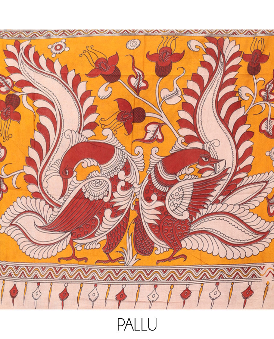 Sandal Kalamkari Cotton Saree, Decorated with Ancient Huma Motif Print, Contrast Printed Border, Kalamkari Peacock Motifs Pallu, and a Contrast Blouse
