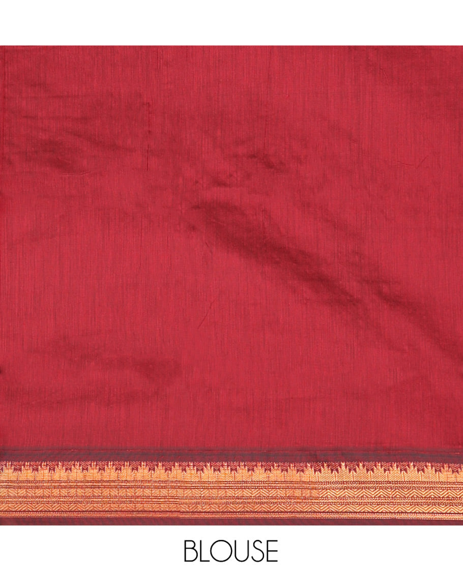 Light Green Plain Kalyani Cotton Saree, Complemented by a Contrast Traditional Zari Design Temple Border, Pallu Features Temple Zari Designs, and Paired with a Contrast Blouse