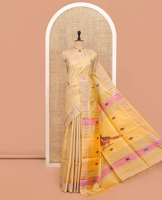 Yellow Tussar Silk Saree, Delicately Woven with Thread Buttas, a Subtle Temple Border, Pallu of Thread Designs, and a Contrast Blouse