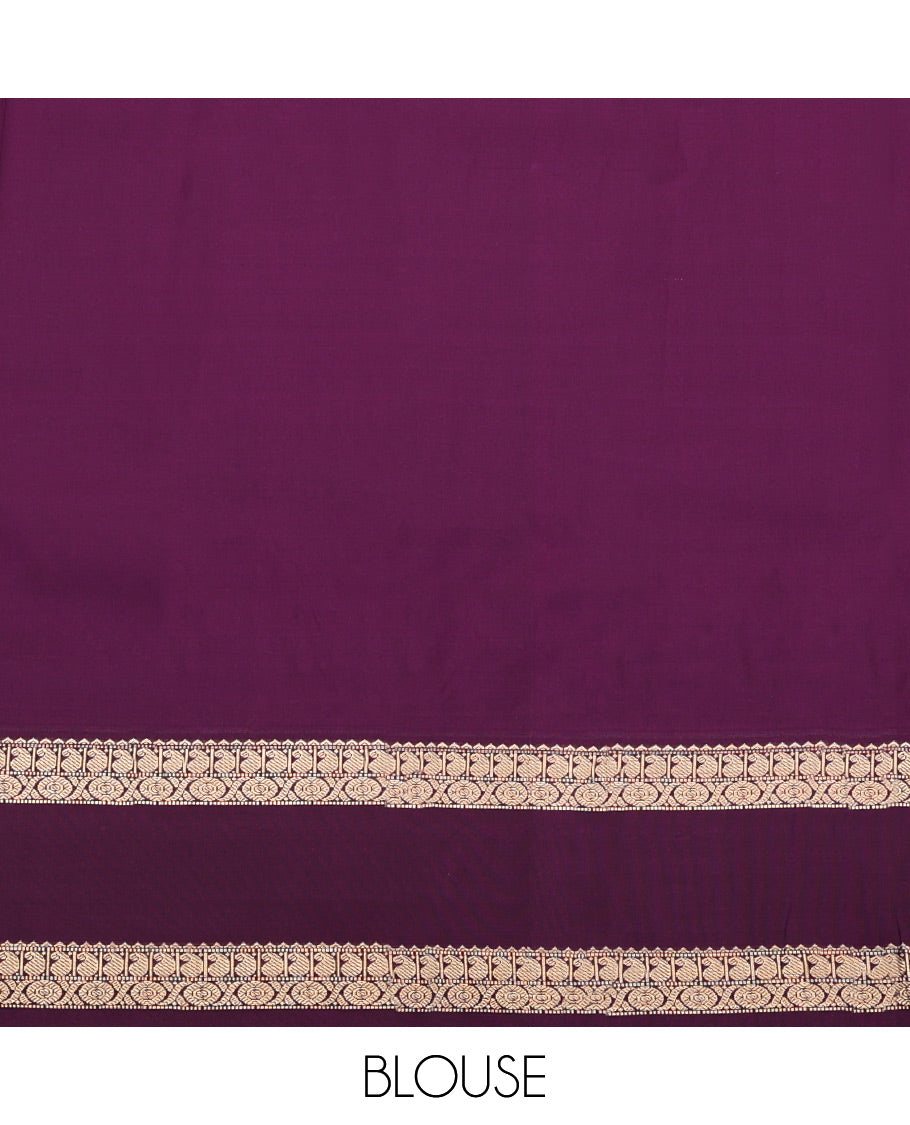 Dark Peach Budget Silk Saree, Gleamed up with Zari Buttas and Zari Stripes All Over Its Body, Complemented by Contrast Rettai Pettu Traditional Zari Designs Woven Border, Grand Jaal Pallu and Paired with a Contrast Blouse
