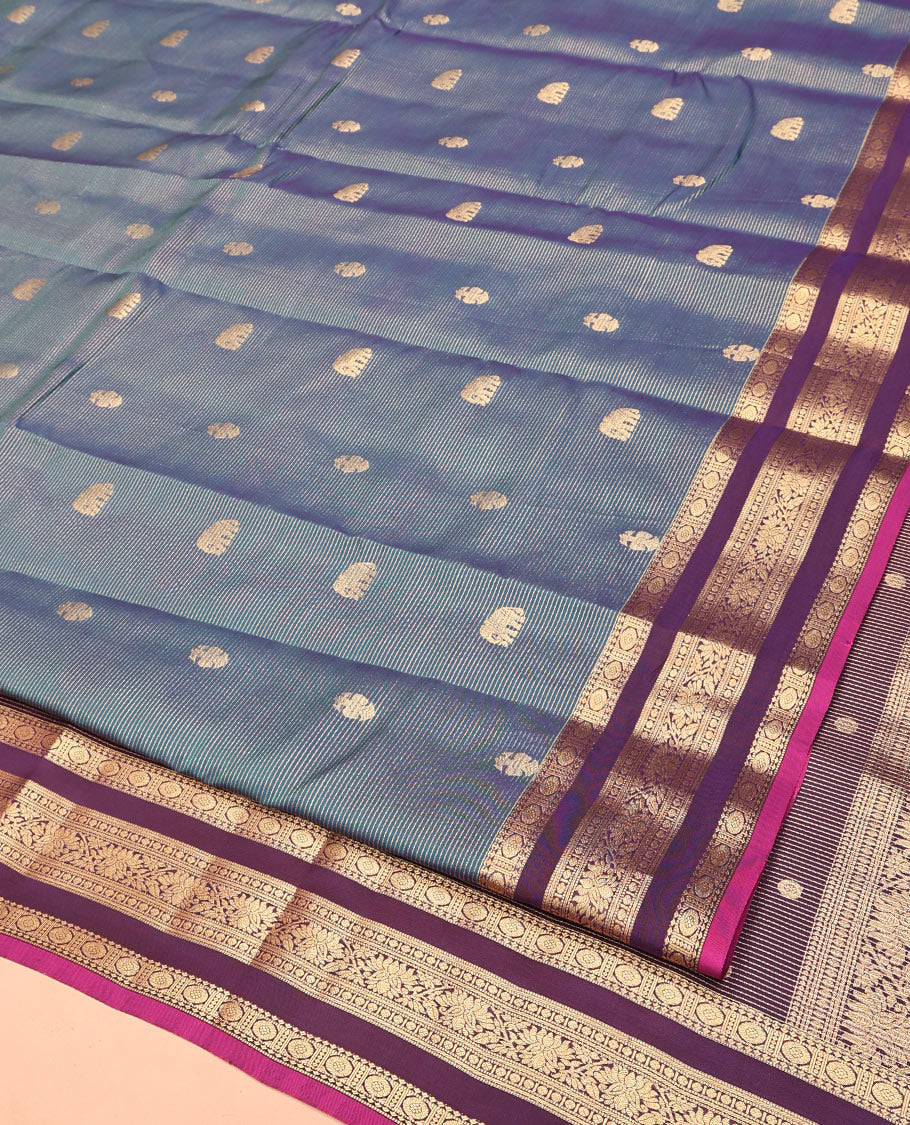 Blue Vasundhara Lite Silk Mix Saree, Subtly Enriched with Zari Stripes, Yaanai and Iruthalai Pakshi Buttas, Complemented by Contrast Border of Traditional Zari Designs, Grand Pallu, and Paired with a Contrast Blouse