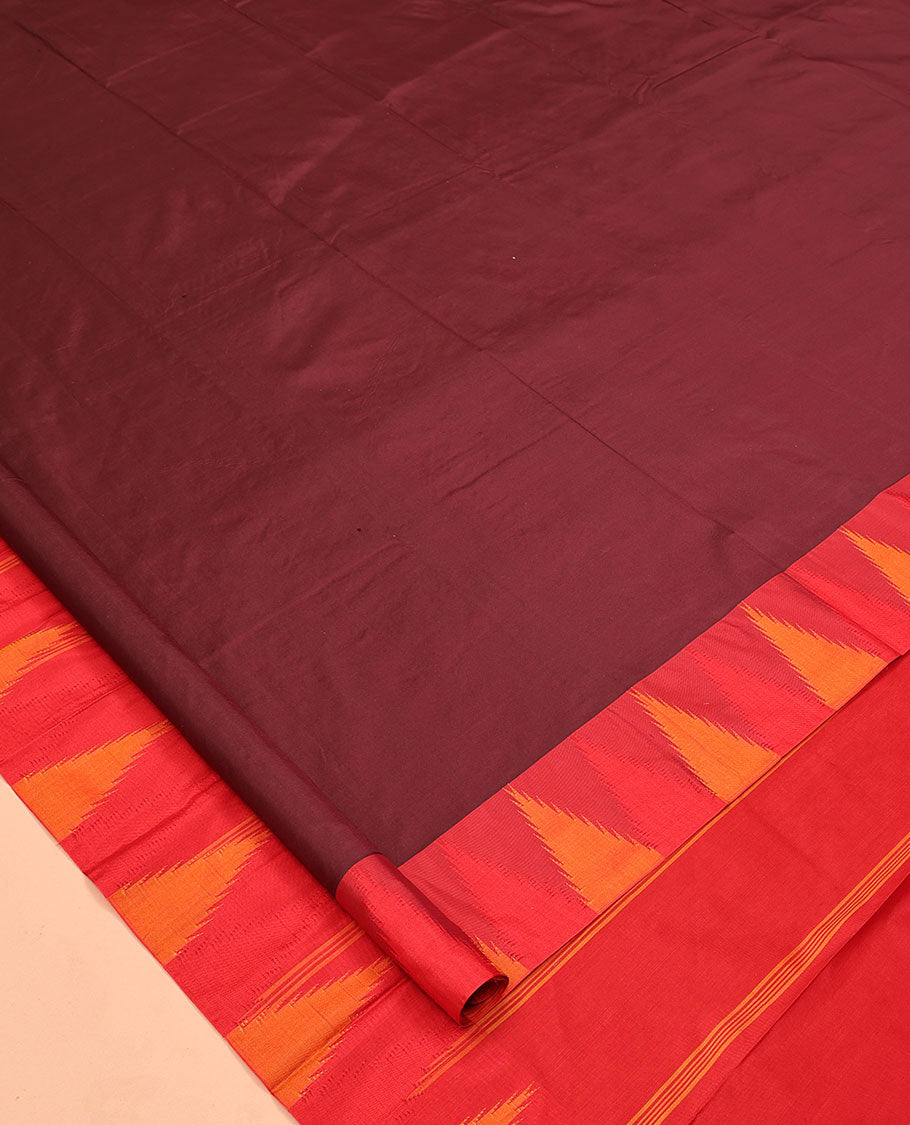 Maroon Plain Bangalore Silk Saree, Complemented by a Contrast Temple Border, Pallu of Stripes, and a Contrast Blouse