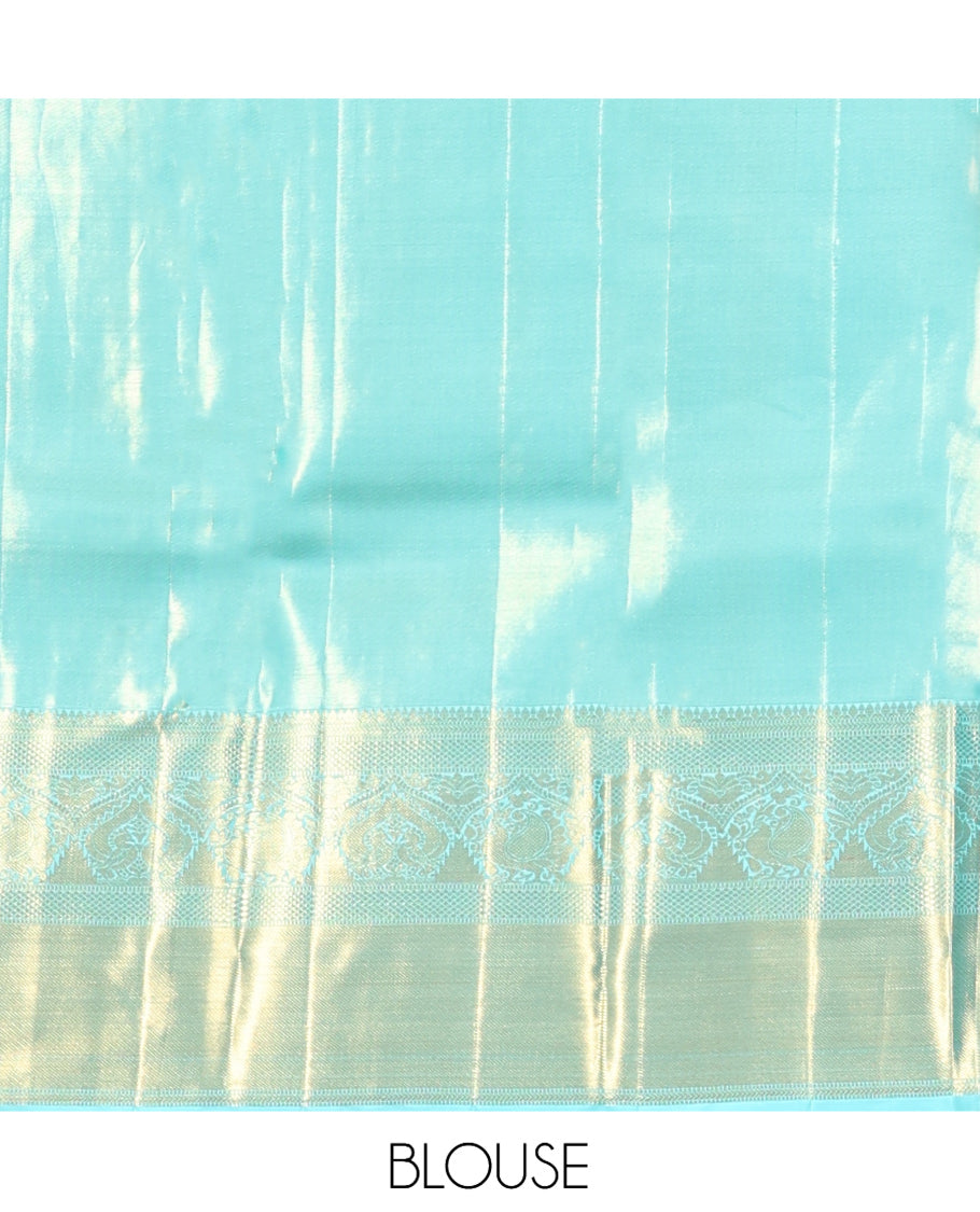 Blue Kanchipuram Tissue Silk Saree, Mesmerized with Jacquard Design, Highlighted by Zari Border of Thilakam, Muthu, Kathir, Mayil Kann, and Mayil, Grand Pallu, and Matching Blouse