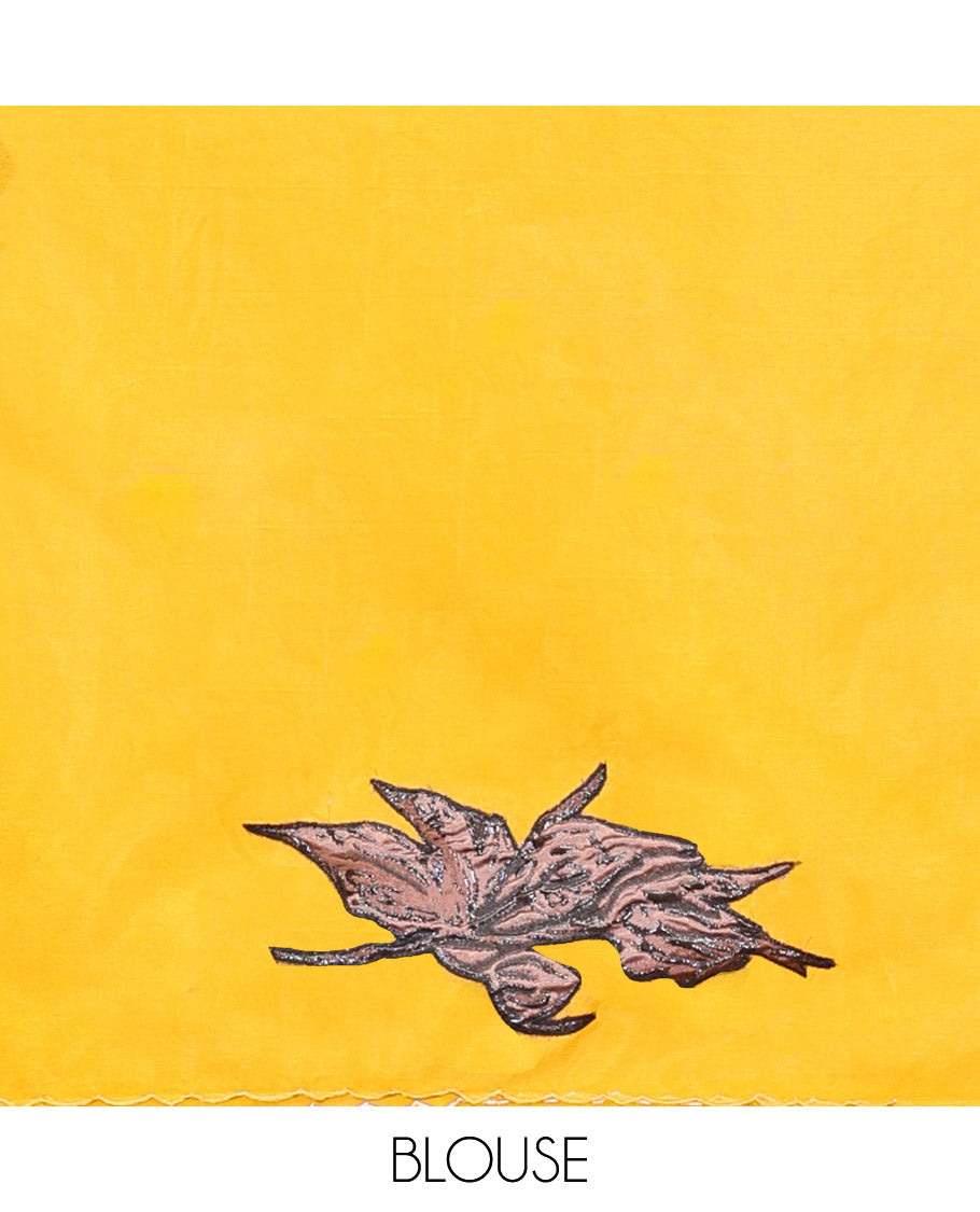 Mustard Turkey Organza Saree Features Rose Floral Applique Embroidery, a Scallop Border, Matching Blouse
