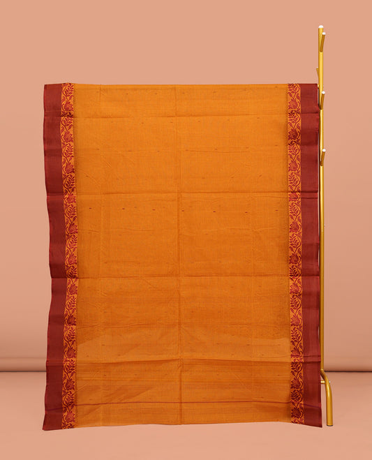 Orange Bengal Cotton Saree, Woven with Buttas on Its Body, Complemented by a Contrast Floral Creeper Design Border, Pallu of Stripes and Buttas, and Paired with a Matching Blouse