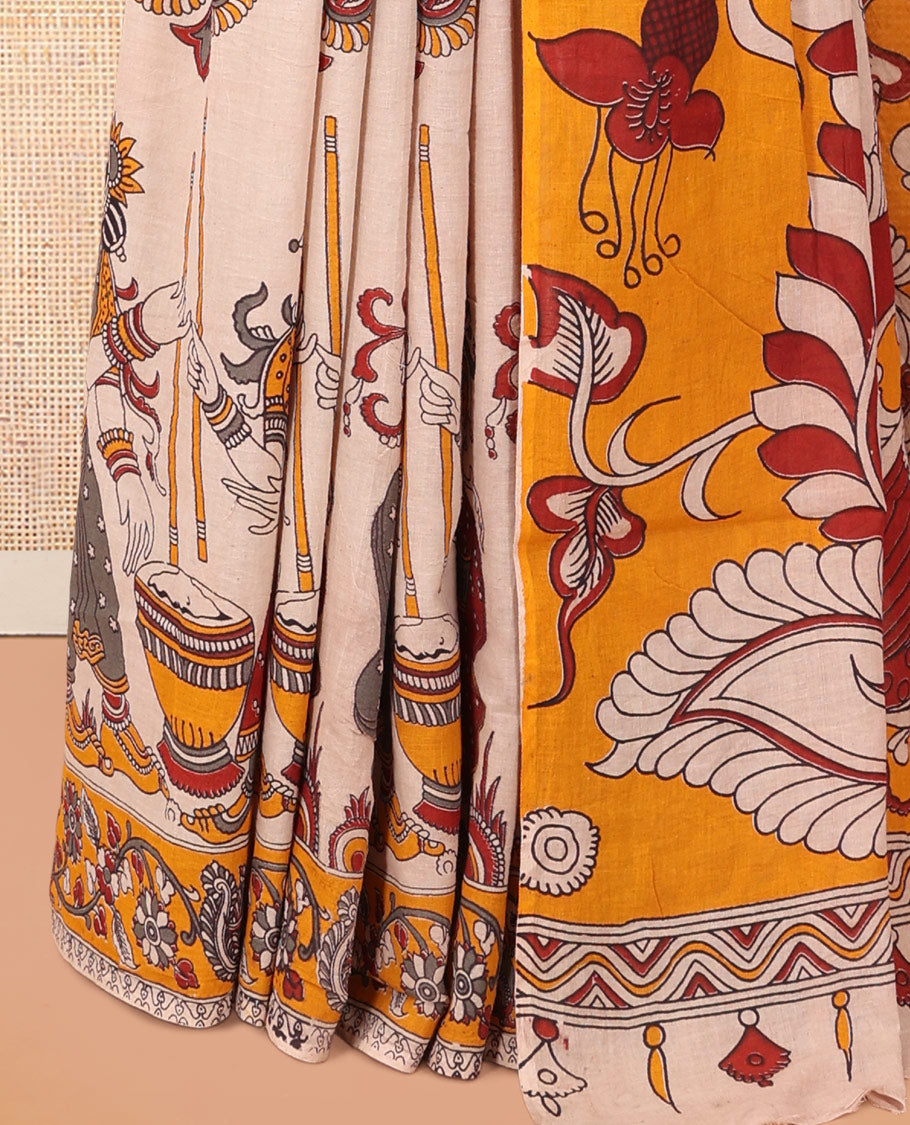Sandal Kalamkari Cotton Saree, Decorated with Ancient Huma Motif Print, Contrast Printed Border, Kalamkari Peacock Motifs Pallu, and a Contrast Blouse