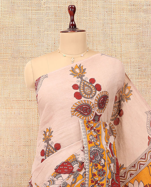 Sandal Kalamkari Cotton Saree, Decorated with Ancient Huma Motif Print, Contrast Printed Border, Kalamkari Peacock Motifs Pallu, and a Contrast Blouse