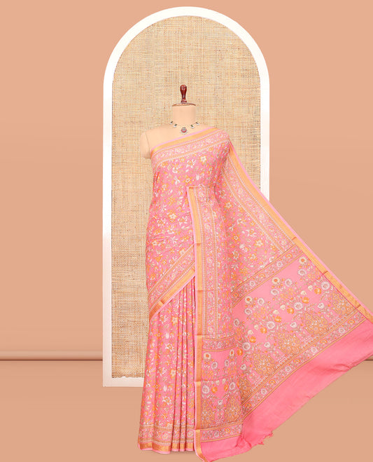 Pink Printed Silk Saree Featuring Floral Vine Print, a Floral Printed Zari Border, Floral Printed Pallu, and a Contrast Blouse