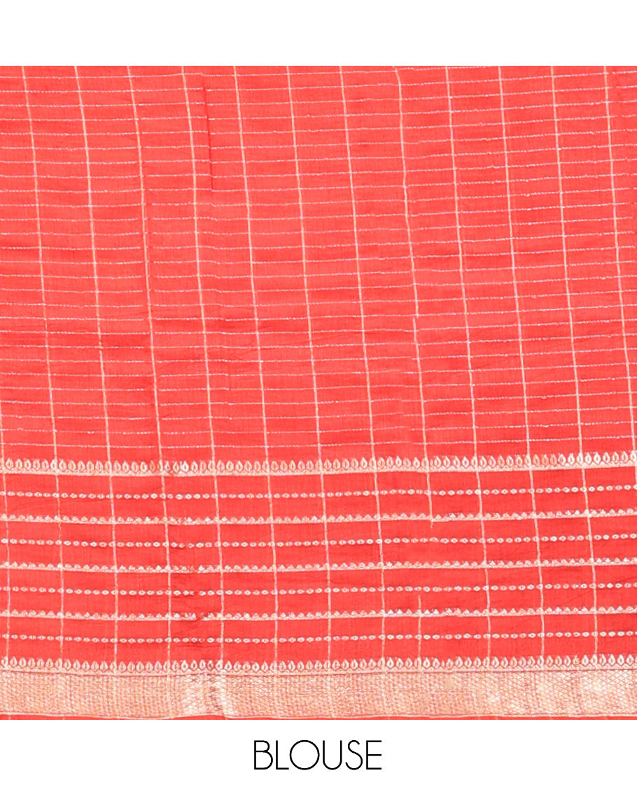Yellow Assam Silk Saree, Highlighted by Zari Checks, Complemented by Contrast Traditional Border, Zari Striped Pallu, and a Contrast Blouse