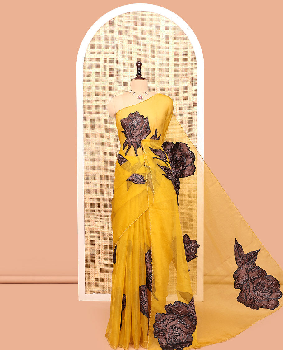 Mustard Turkey Organza Saree Features Rose Floral Applique Embroidery, a Scallop Border, Matching Blouse