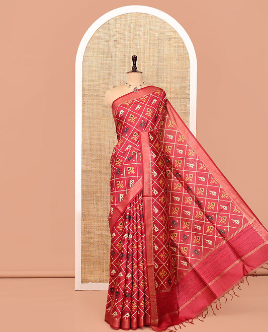 Red Tussar Silk Saree, Enthralled with Animal Butta Enclosed Jaal Design, a Temple Border, Self-Pallu, and Matching Blouse