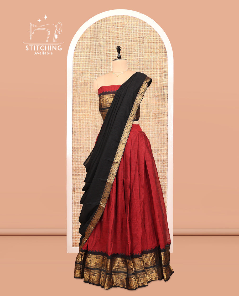 Maroon Cotton Half-Saree Features Plain Skirt, a Contrast Traditional Zari Border, a Matching Blouse, and a Contrast Dhavani