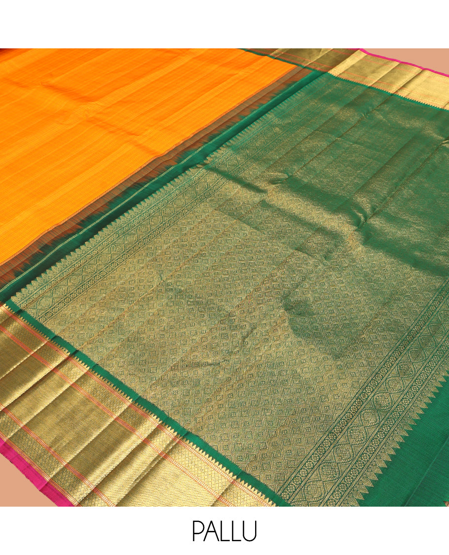 Orange Checked Kanchipuram Silk Saree, Complemented by a Contrast Korvai Border of Rekku, Muthu, Mayil Kann, and Zari Stripes, Grand Jaal Pallu, and a Contrast Blouse
