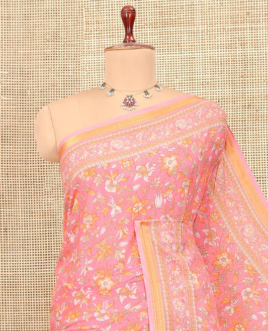 Pink Printed Silk Saree Featuring Floral Vine Print, a Floral Printed Zari Border, Floral Printed Pallu, and a Contrast Blouse