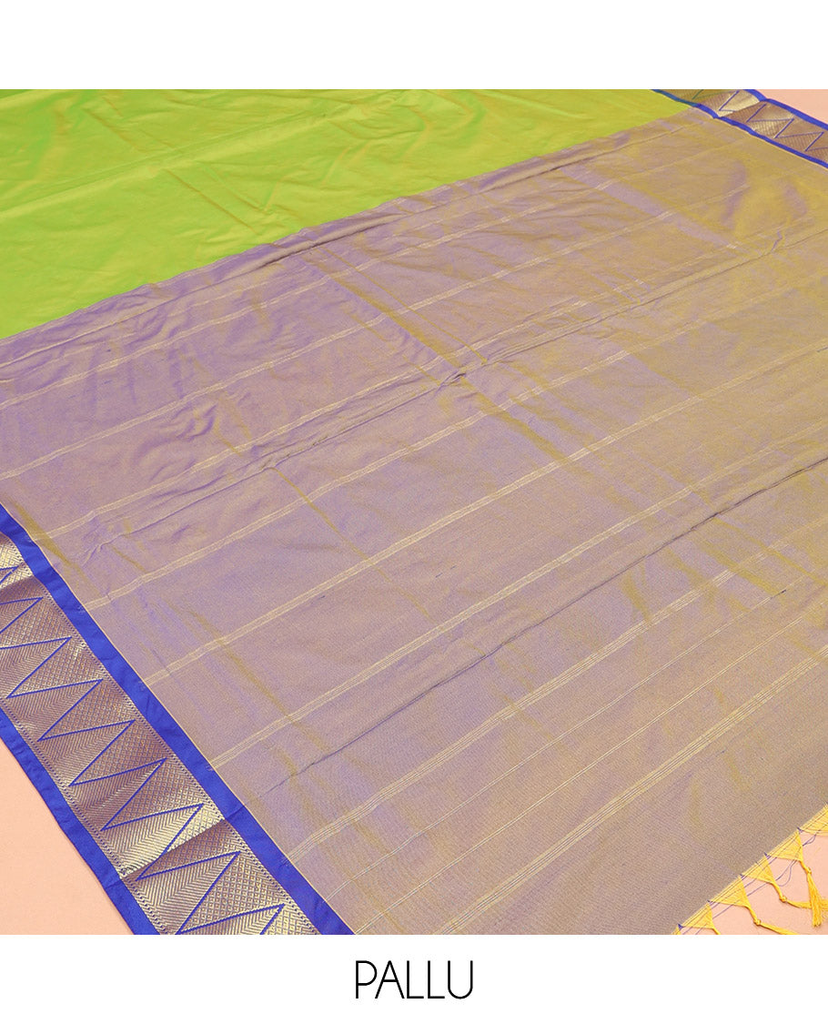 Green Plain Ten-Yard Saree, Complemented by a Contrast Temple Border, Contrast Pallu of Stripes, and No Blouse
