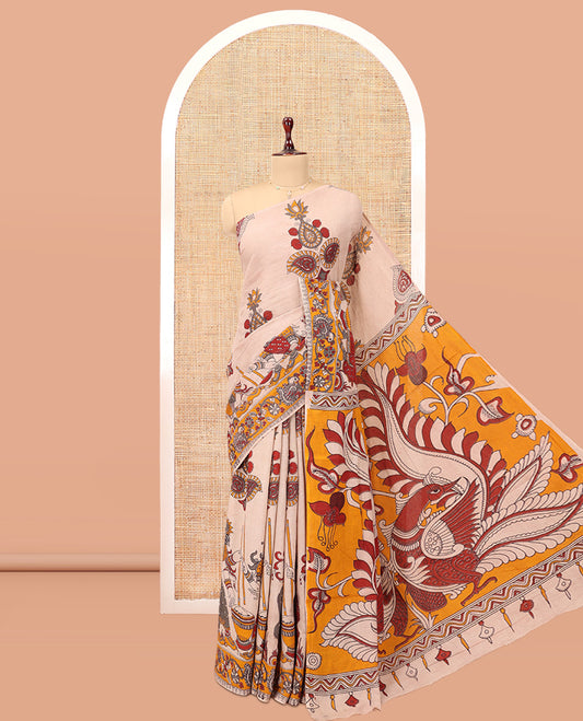 Sandal Kalamkari Cotton Saree, Decorated with Ancient Huma Motif Print, Contrast Printed Border, Kalamkari Peacock Motifs Pallu, and a Contrast Blouse