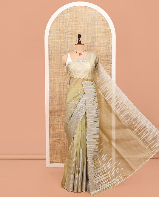 Pale Green Organza Saree, Artfully Detailed with Vine-Thread Embroidery, Scallop-Border, and a Matching Blouse