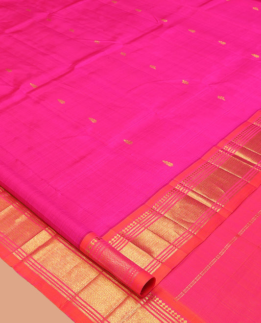 Pink Kanchipuram Silk Saree, Embellished with Zari Buttas, Complemented by a Contrast Border of Panner Sombu, Banaras, Muthu, and Jaal Design, Pallu of Zari Design, and No Blouse