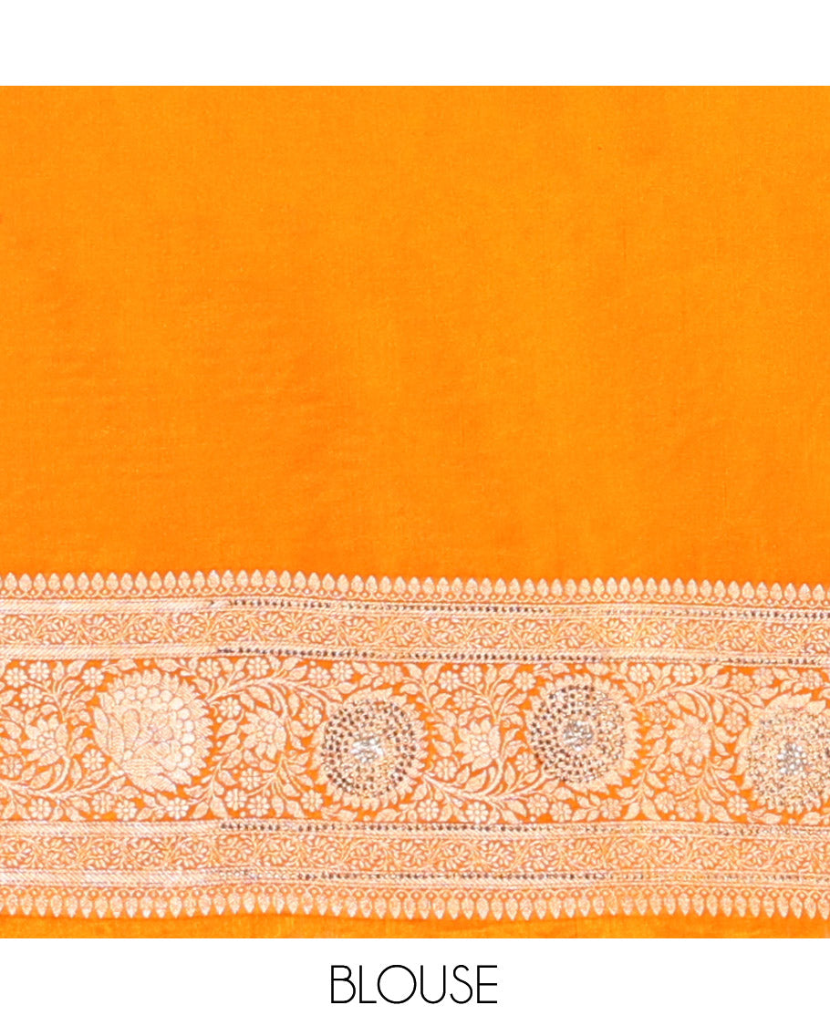 Yellow Banarasi Satin Saree, Delicately Woven with Floral Jaal Jacquard, a Floral Creeper Border, Intricate Stonework Pallu, and a Matching Blouse