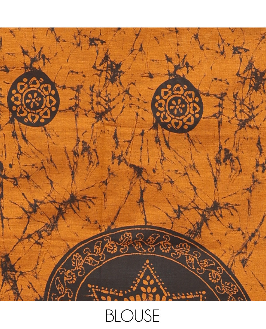 Borderless Yellow-Black Poly Cotton Saree, Decked Up with Batik Print, a Self-Printed Pallu, and a Matching Blouse