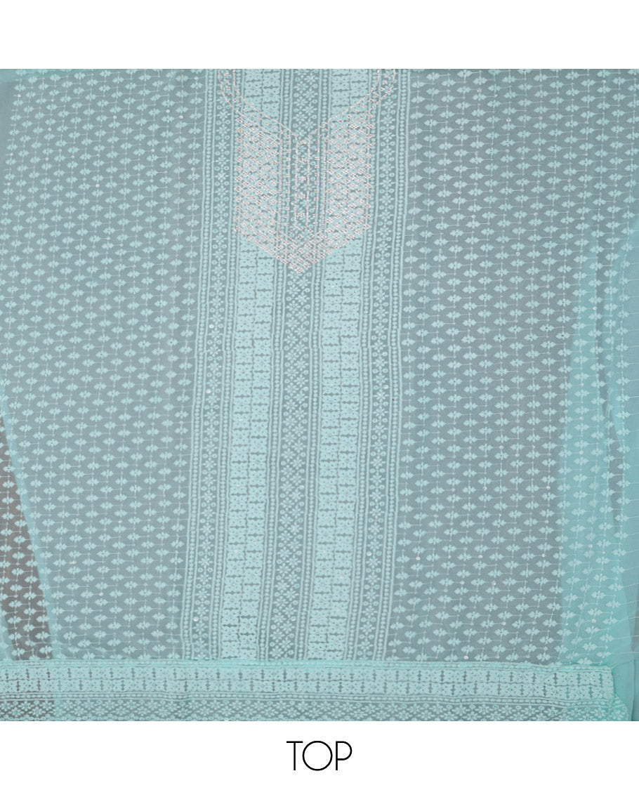 Blue Material Chudidar Set, Detailed with Chikankari-Style Embroidery and Neck Stone Work on Georgette Top, a Plain Santoon Bottom, and Paired with a Floral Vine Embroidery Georgette Dupatta