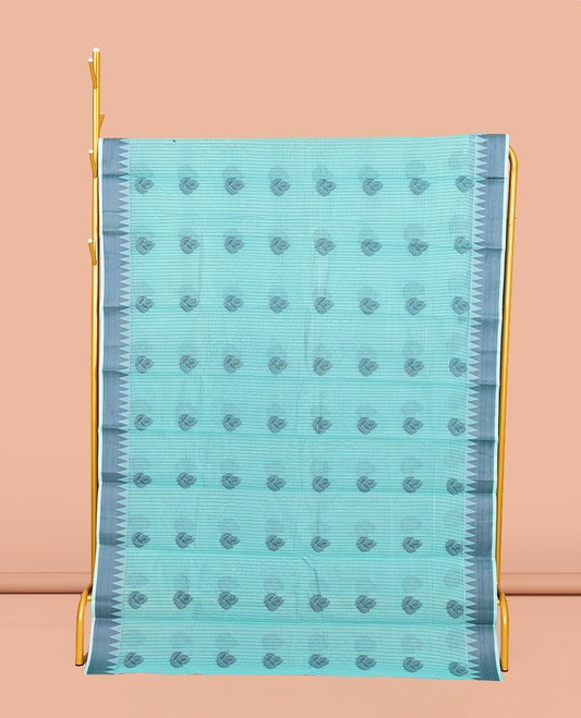 Blue Semi-Silk Cotton Saree, Subtly Sparkled with Buttas and Micro-Checks All Over Its Body, Highlighted by a Temple Border, Intricate Pallu, and Paired with a Contrast Blouse