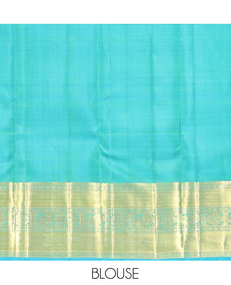 Green Kanchipuram Silk Saree, Finely Crafted with Chakra Butta Enclosed Checks, Contrast Border of Thilagam, Muthu, Rudraksham, and Mayil-Chakram Designs, Jaal Pallu, and Contrast  Blouse