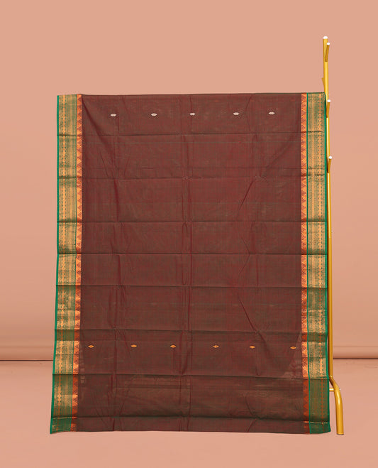Red Chettinad Cotton Saree, Finely Woven Buttas All Over Its Body, Complemented by Contrast Traditional Zari Design Border, Pallu of Stripes, and Paired with a Matching Blouse