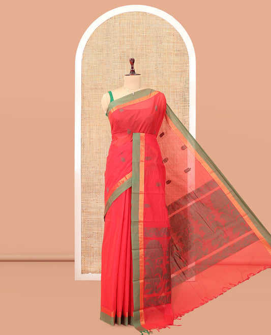 Red Kanchi Cotton Saree, Woven with Thread Buttas, a Contrast Border, Pallu of Floral Design, and a Matching Blouse
