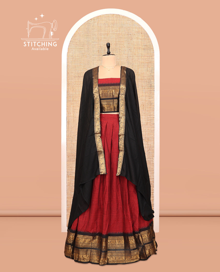 Maroon Cotton Half-Saree Features Plain Skirt, a Contrast Traditional Zari Border, a Matching Blouse, and a Contrast Dhavani