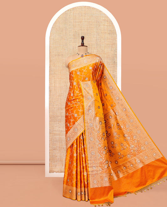 Yellow Banarasi Satin Saree, Delicately Woven with Floral Jaal Jacquard, a Floral Creeper Border, Intricate Stonework Pallu, and a Matching Blouse