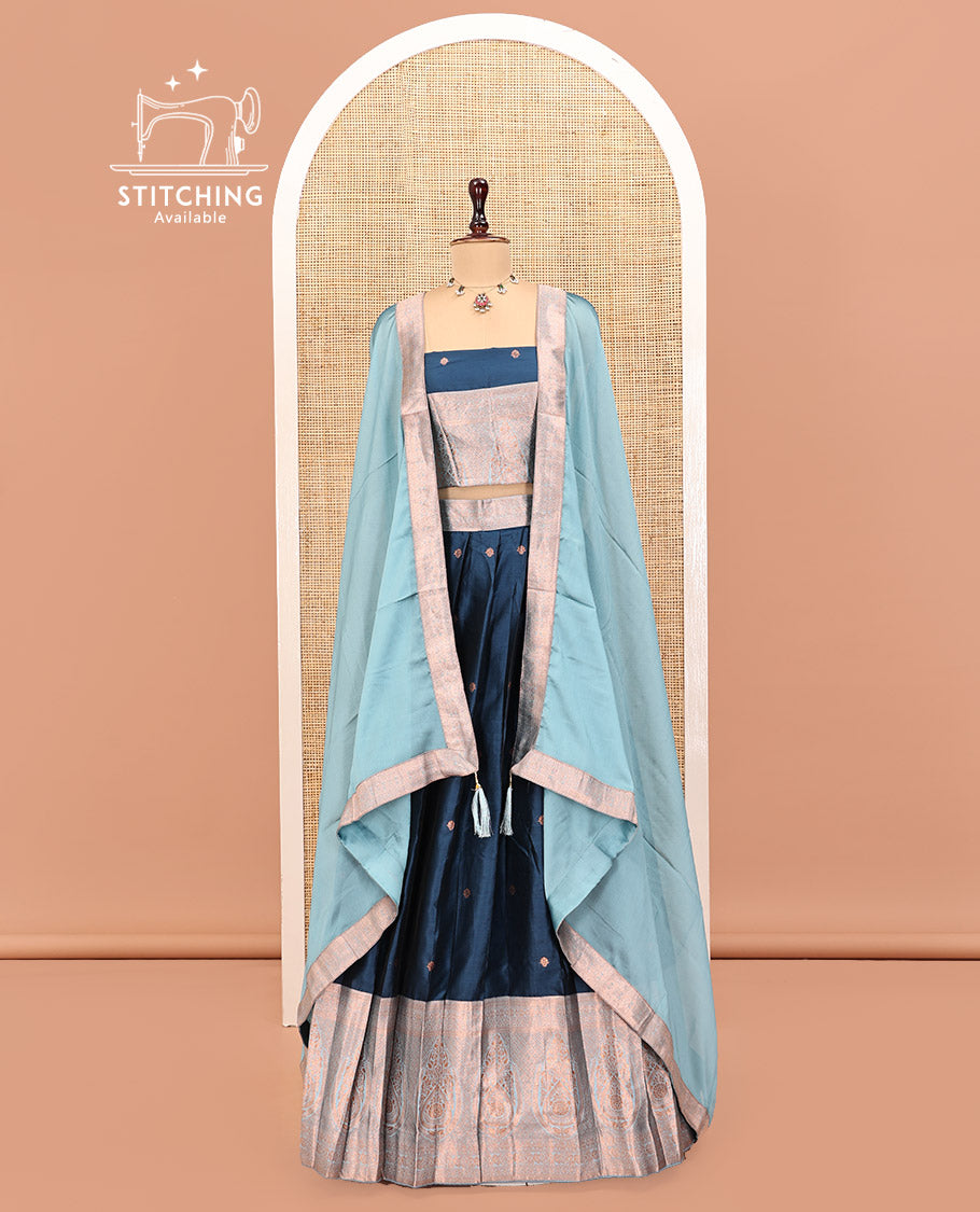Blue Art Silk Half Saree Features Buttas Steeped Skirt, Complemented by Contrast Traditional Border, Contrast Blouse, and a Embroidery Scallop Dhavani