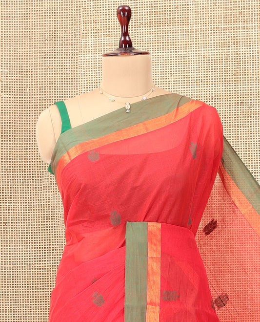 Red Kanchi Cotton Saree, Woven with Thread Buttas, a Contrast Border, Pallu of Floral Design, and a Matching Blouse
