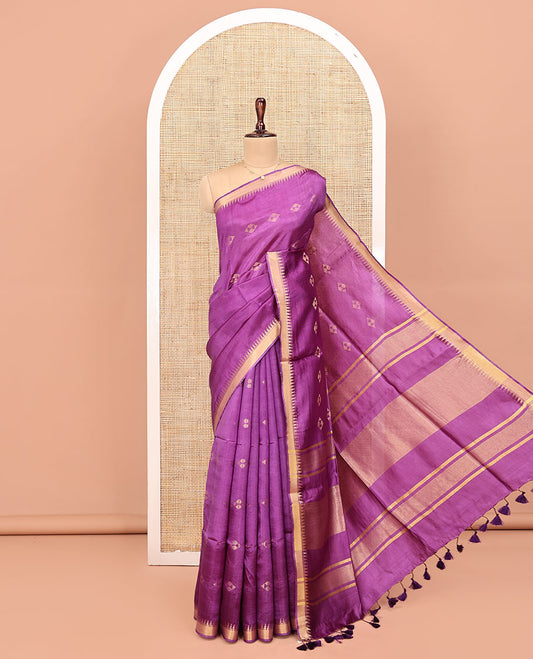 Purple Banana Pith Saree, Adorned with Zari Buttas All Over Its Body, Highlighted by Temple Zari Border, Subtly Striped Pallu, and Paired with a Matching Blouse