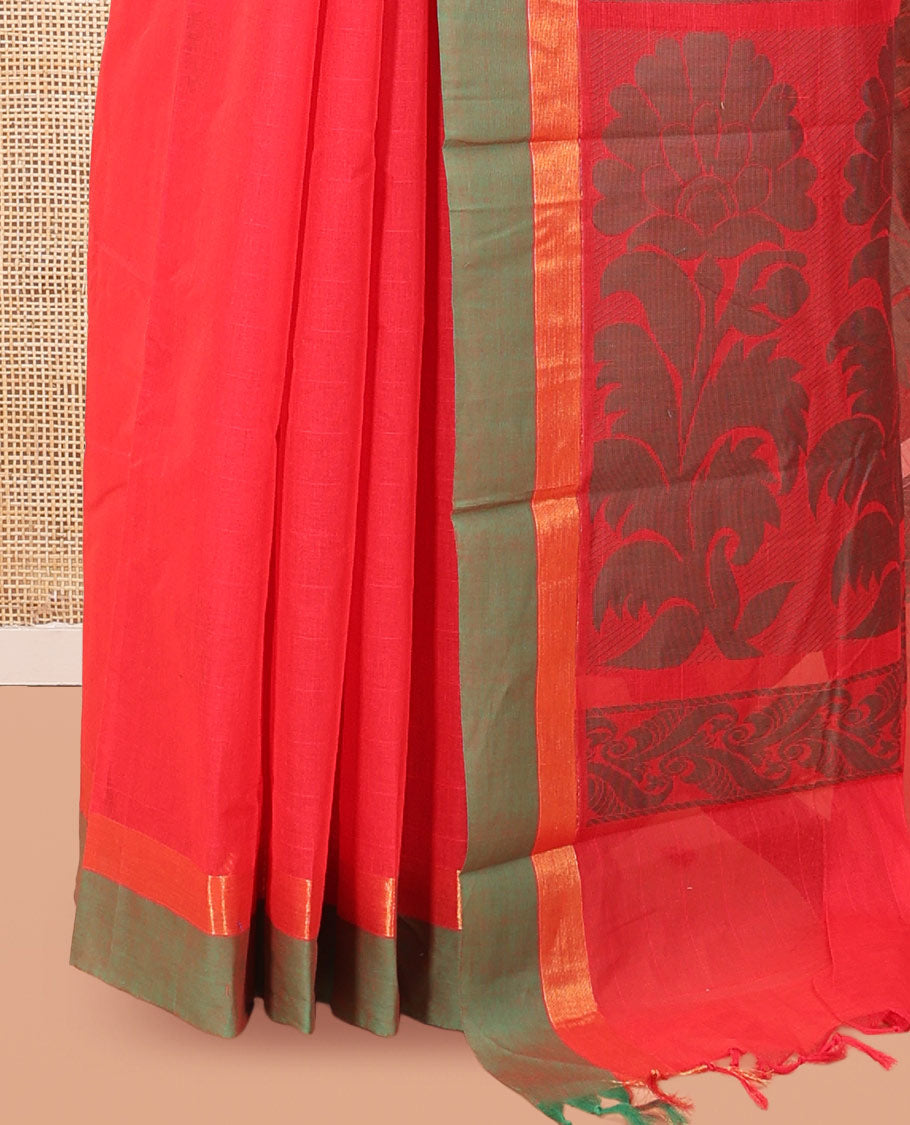Red Kanchi Cotton Saree, Woven with Thread Buttas, a Contrast Border, Pallu of Floral Design, and a Matching Blouse