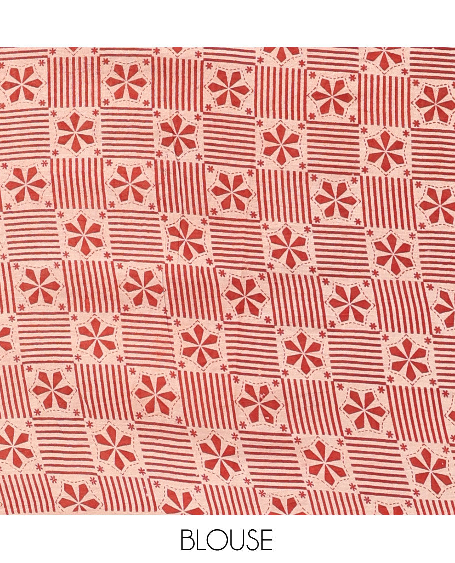 Sandal Kalamkari Cotton Saree, Decorated with Ancient Huma Motif Print, Contrast Printed Border, Kalamkari Peacock Motifs Pallu, and a Contrast Blouse