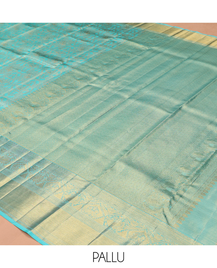 Blue Kanchipuram Tissue Silk Saree, Mesmerized with Jacquard Design, Highlighted by Zari Border of Thilakam, Muthu, Kathir, Mayil Kann, and Mayil, Grand Pallu, and Matching Blouse