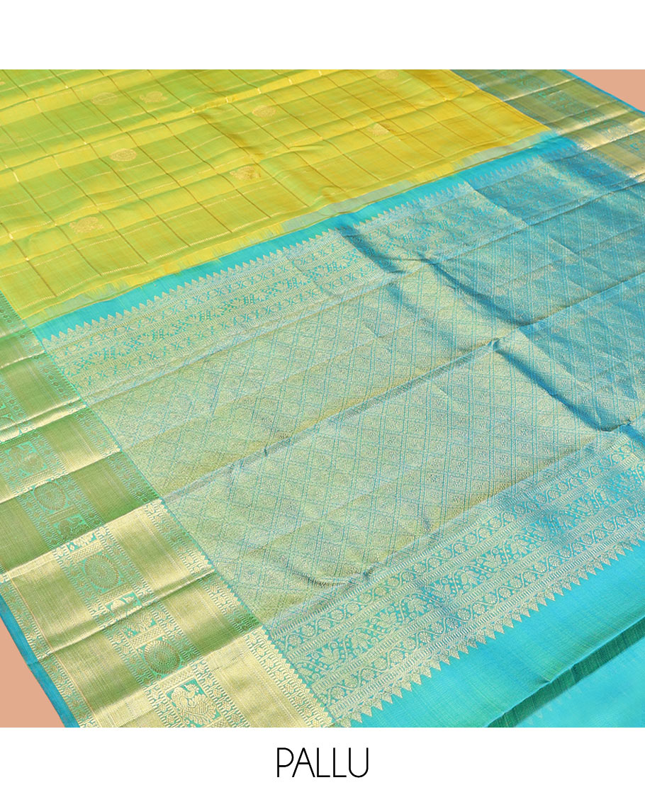 Green Kanchipuram Silk Saree, Finely Crafted with Chakra Butta Enclosed Checks, Contrast Border of Thilagam, Muthu, Rudraksham, and Mayil-Chakram Designs, Jaal Pallu, and Contrast  Blouse