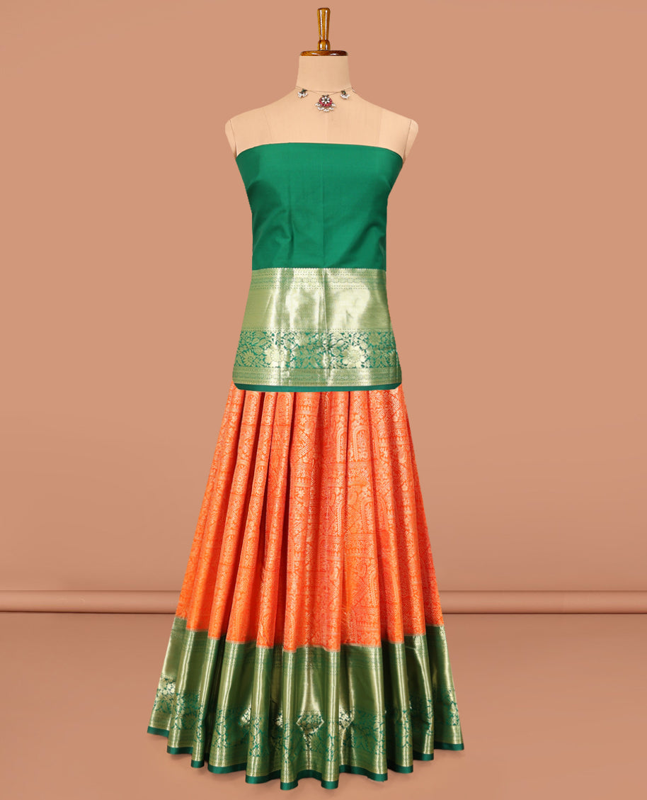 Orange Art Silk Material Half Saree Set, Bedecked with Jacquard Skirt, a Contrast Traditional Zari Border, Contrast Blouse, and an Intricate Dhavani