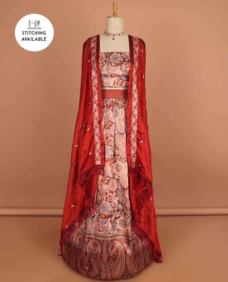 Red floral jacquard hald saree with contrast zari border , zari design blouse & floral embroidery dhavani