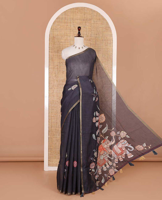 Black kalamkari floral vine, and elephant motifs printed linen cotton saree, piping border, printed pallu, and a contrast elephant motifs printed blouse