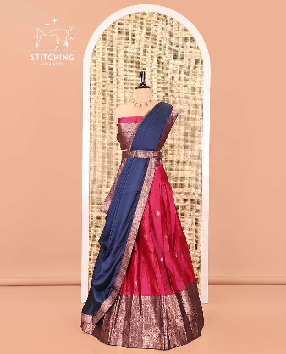 Pink and Blue Semi-Banarasi Half-Saree, Detailed with Zari Buttas on Its Skirt, Complemented by a Contrast Traditional Zari-Design Border, Paired with a Matching Blouse, and a Contrast Satin Georgette Zari-Bordered Dhavani