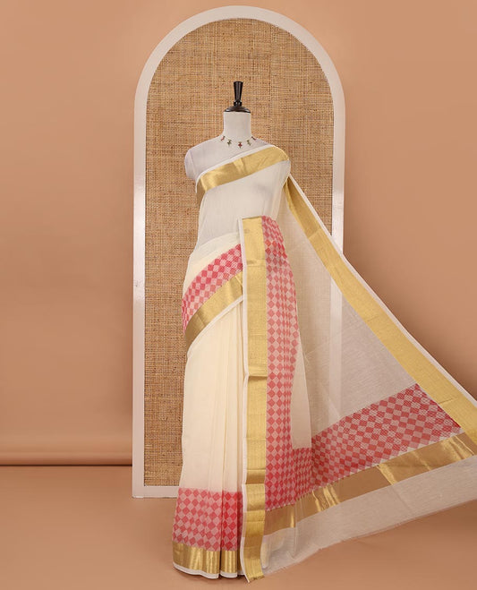 Cream with pink kerala cotton saree , diamond style printed with gold zari tissue bawanchi border & diamond pattern printed pallu with plain blouse
