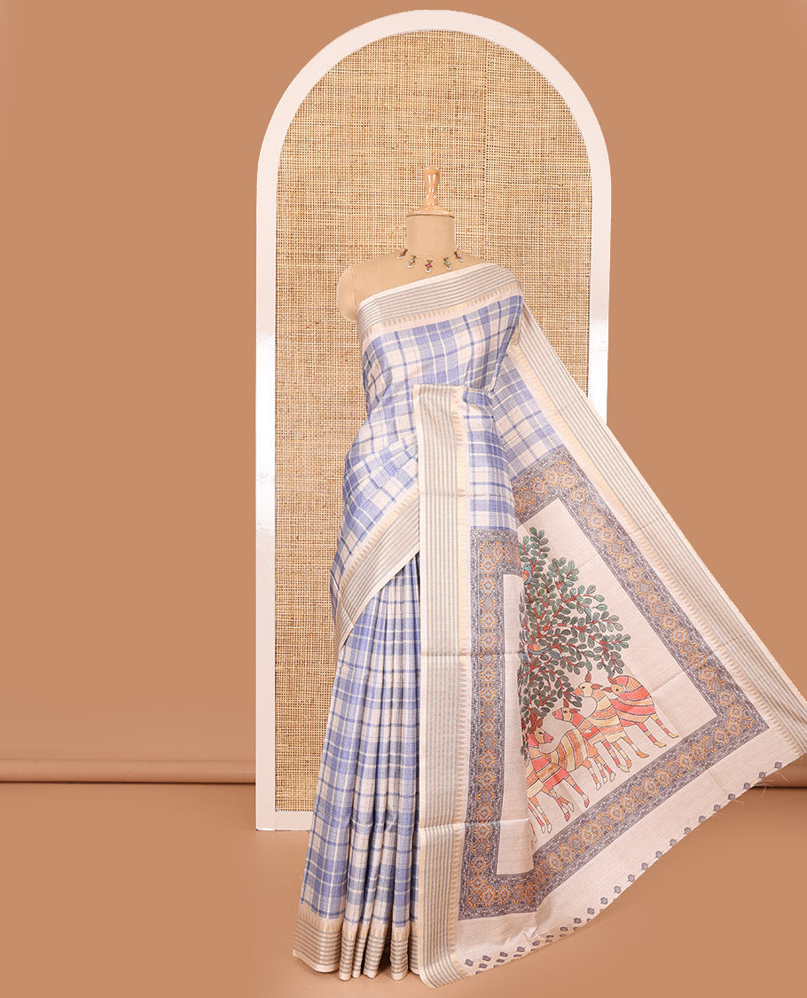 Blue checked patterned semi-tussar saree with contrast temple striped border, Madhubani printed pallu, and a contrast printed blouse