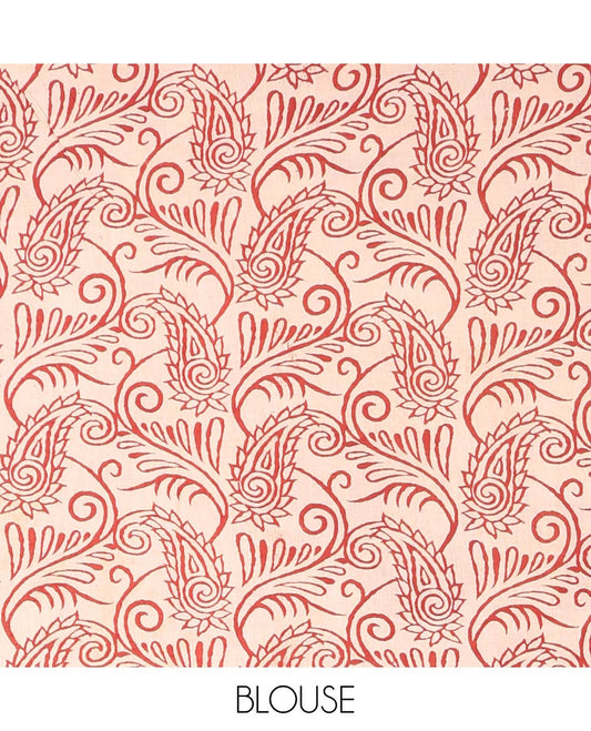 Cream-Red Machine-Printed Kalamkari Cotton Saree, Printed with Buttas on Its Body, Diamond-Printed Border, Pallu of Peacock Print, and Paired with a Printed Blouse