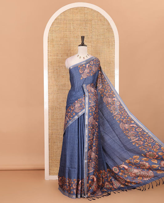 Blue full-plain katan silk saree, double-side kalamkari floral vine and bird printed temple zari border and matching floral vine printed blouse