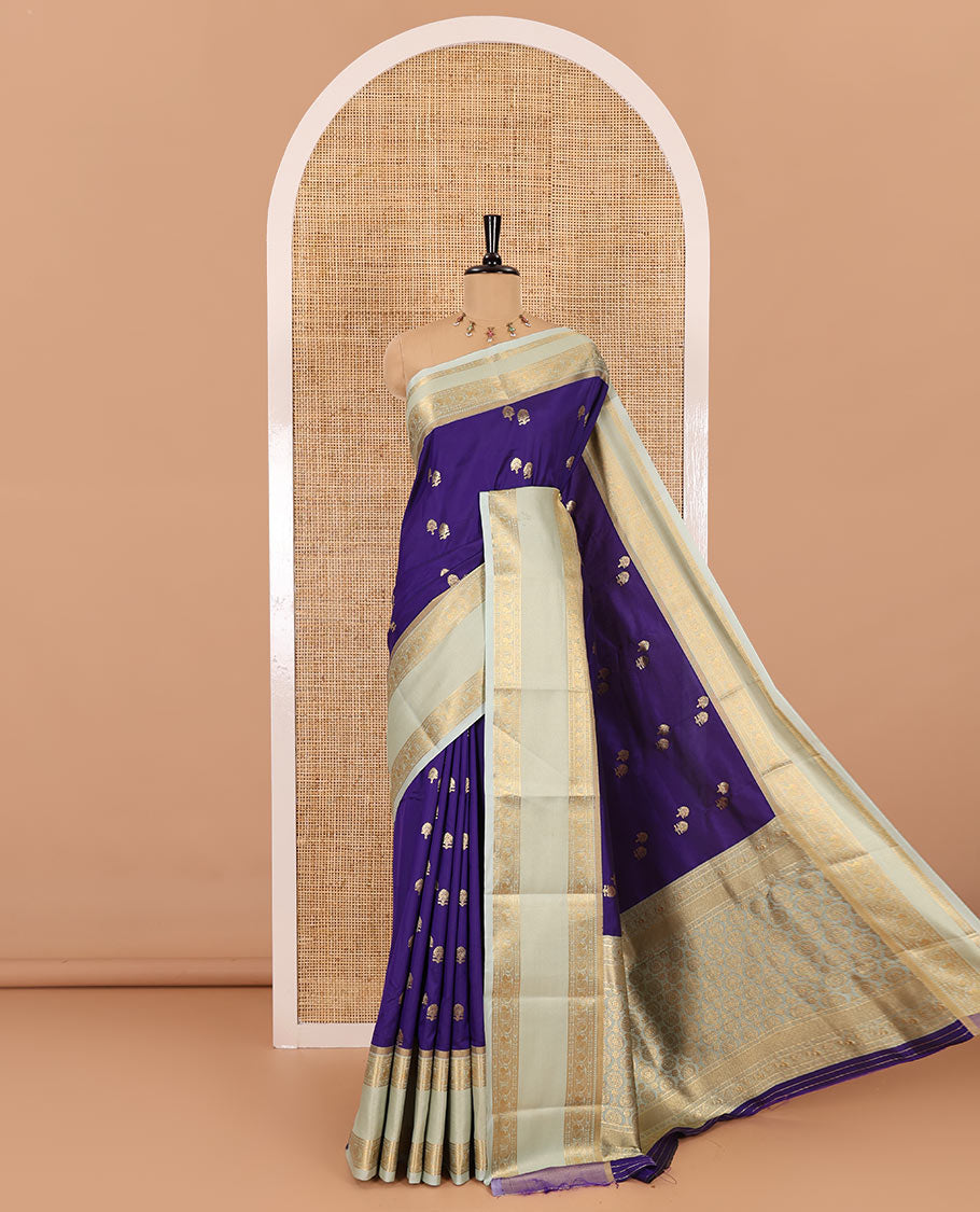 Violet zari buttas soft silk saree , contrast peacock and mango zari weaving border , contrast weaving rich pallu and contrast Blouse