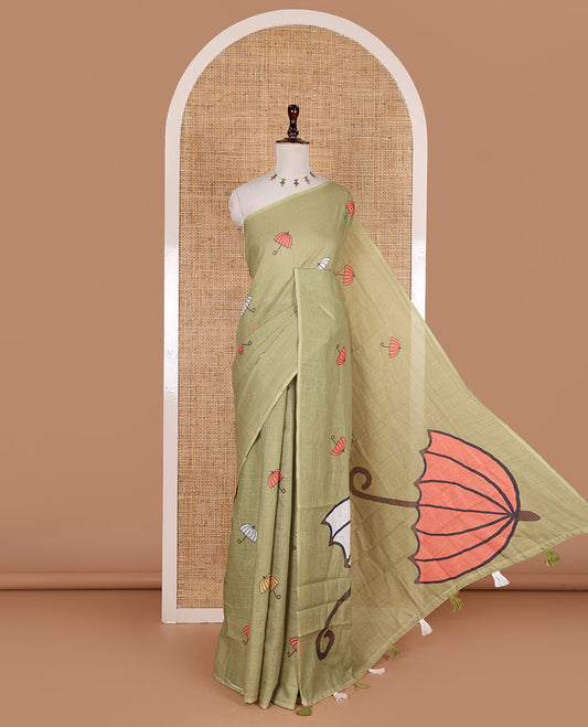 Borderless Olive green umbrella motifs printed linen cotton saree, self-pallu of big umbrella motifs and contrast blouse