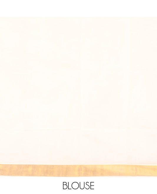 Cream Kerala Saree, Beautified with Zari Stripes on Its Body, Subtly Sparkled Zari Bavanji Border, Opulently Zari Embellished Pallu, and Paired with a Matching Blouse